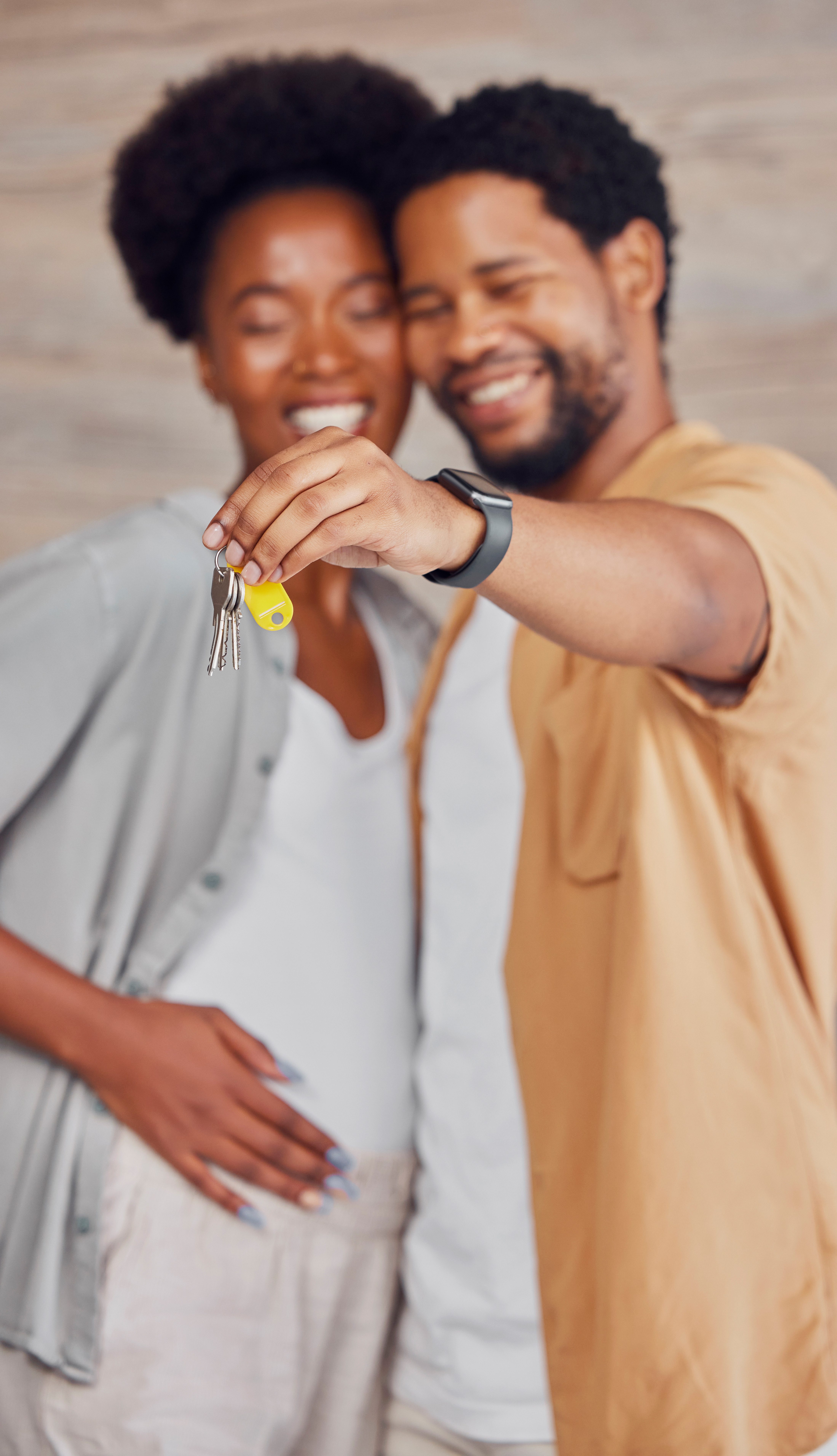 Real estate, property and black couple with keys to a house during a pregnancy. Showing, mortgage a